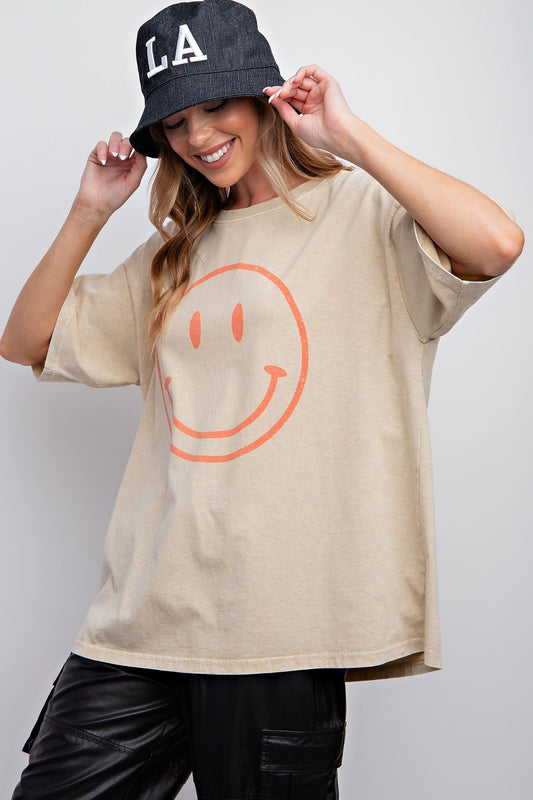 Easel Plus Smiley Face Printed Washed Crew Neck Tops