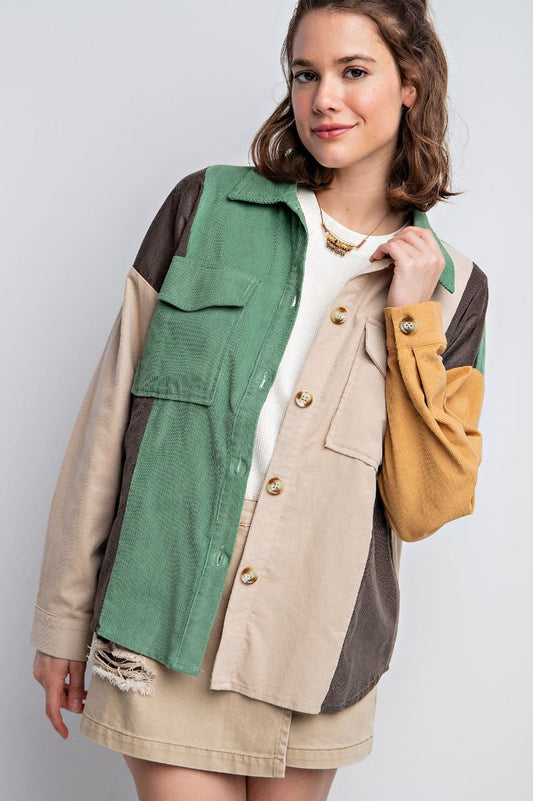 Easel Plus Color Block Corduroy Shirt Shaket Tops