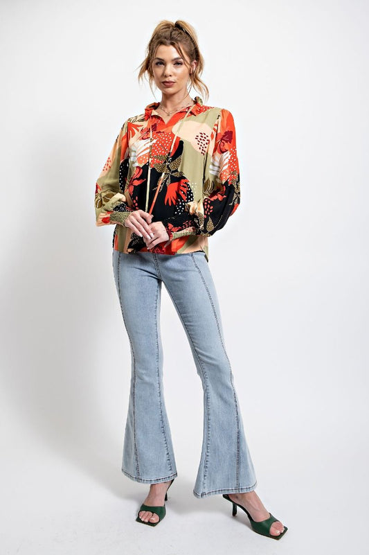 Easel Plus Floral Printed Challis Smocked Long Cuffs Blouse Tops