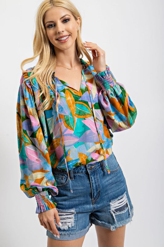 Easel Plus Tropical Printed Smocked Cuffs Challis Tops