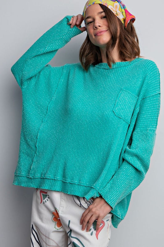 Easel Plus Textured Rib Knit Mineral Washed Relaxed Fit Tops