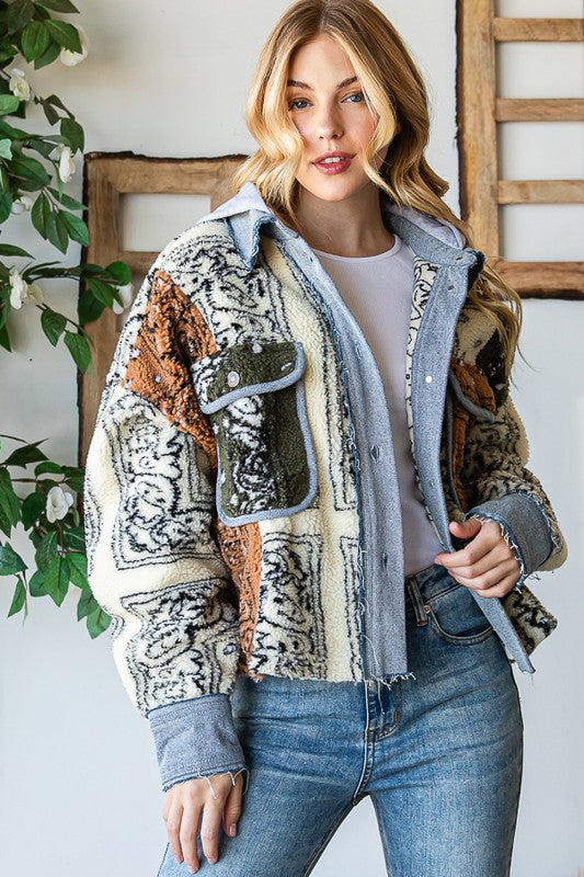Oli & Hali Bandana Print Hooded Cropped Relaxed Sherpa Jacket - Roulhac Fashion Boutique