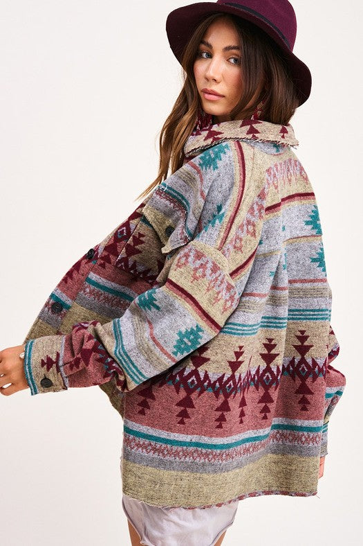 Aztec Button Down Long Sleeve High Low Shacket Jacket - Roulhac Fashion Boutique