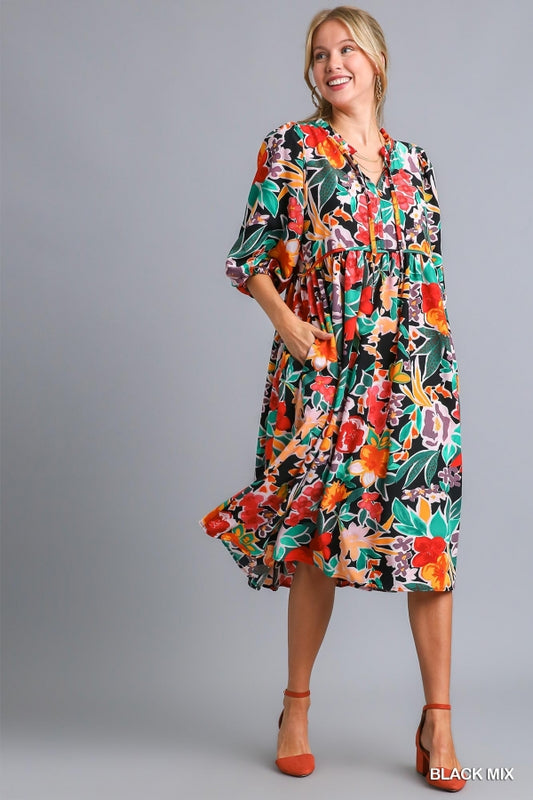 Umgee Black Mix Floral Print Peasant Midi Dress - Roulhac Fashion Boutique