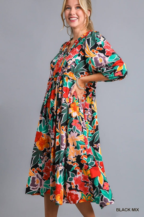 Umgee Black Mix Floral Print Peasant Midi Dress - Roulhac Fashion Boutique