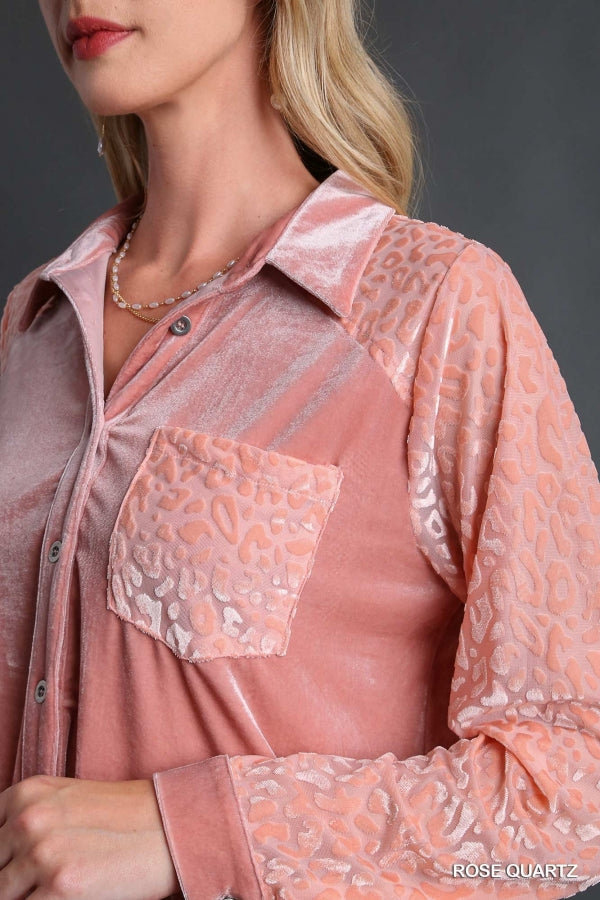 Umgee Rose Quartz Velvet Button Down Animal Print Sleeves Top - Roulhac Fashion Boutique