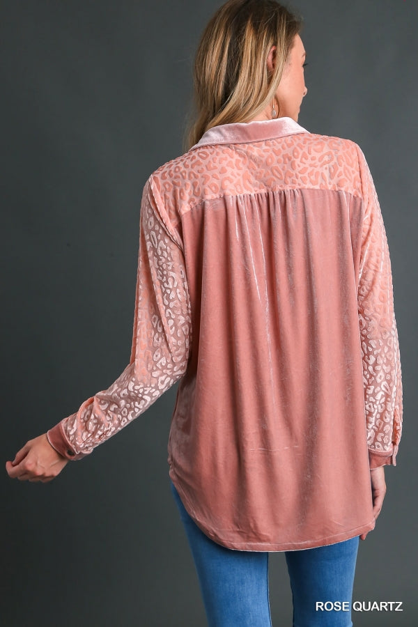 Umgee Rose Quartz Velvet Button Down Animal Print Sleeves Top - Roulhac Fashion Boutique