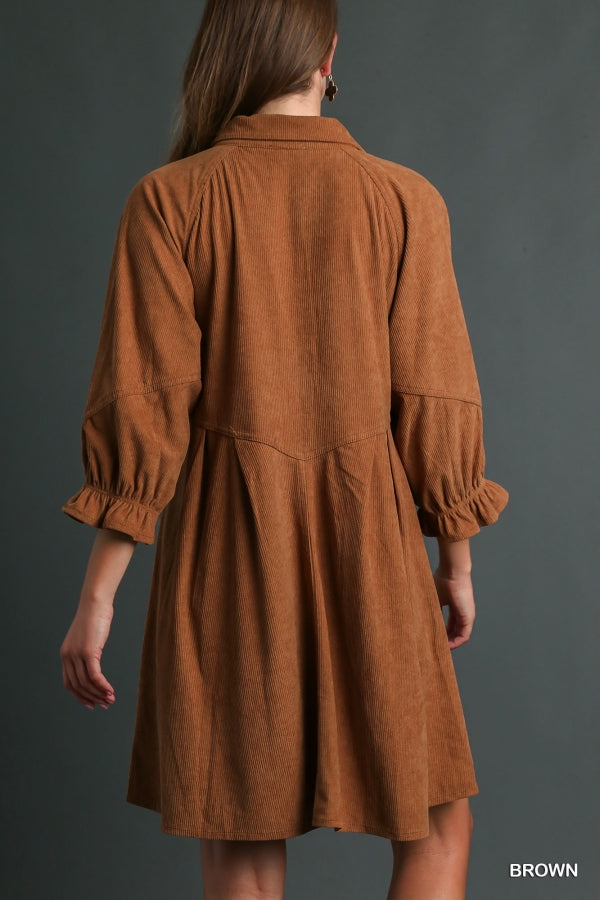 Umgee Corduroy Cuffed Sleeve Dress - Roulhac Fashion Boutique