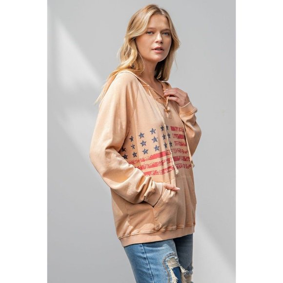 Easel Chai Latte Vintage Washed Terry Pullover Oversized Hoodie Top - Roulhac Fashion Boutique