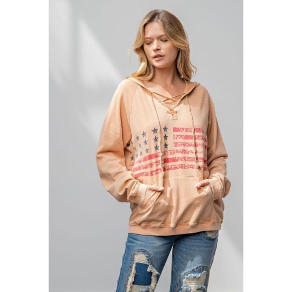 Easel Chai Latte Vintage Washed Terry Pullover Oversized Hoodie Top - Roulhac Fashion Boutique