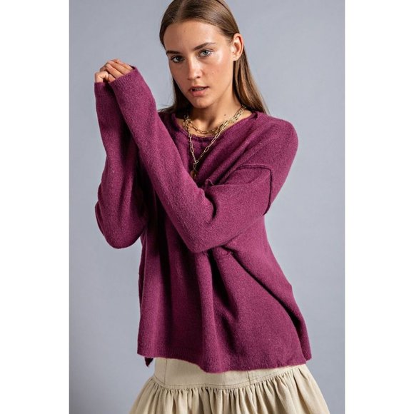 Easel Plum Dropped Shoulder Brushed Oversized Sweater - Roulhac Fashion Boutique