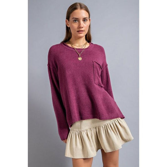 Easel Plum Dropped Shoulder Brushed Oversized Sweater - Roulhac Fashion Boutique