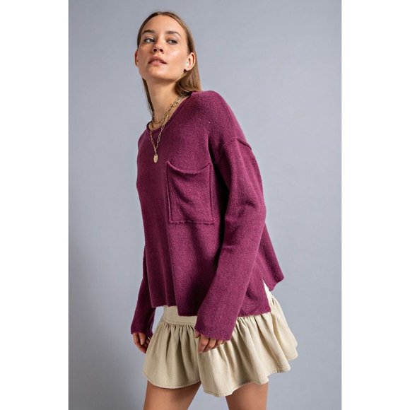 Easel Plum Dropped Shoulder Brushed Oversized Sweater - Roulhac Fashion Boutique