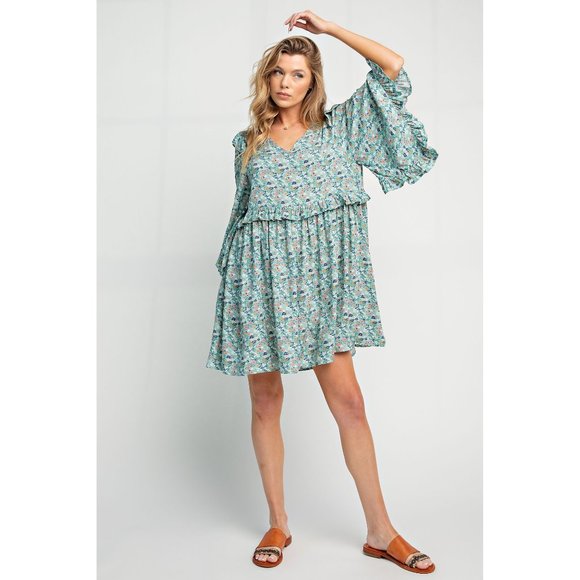 Easel Plus Size Sage Coral Floral Printed Challis Bell Sleeve Dress - Roulhac Fashion Boutique