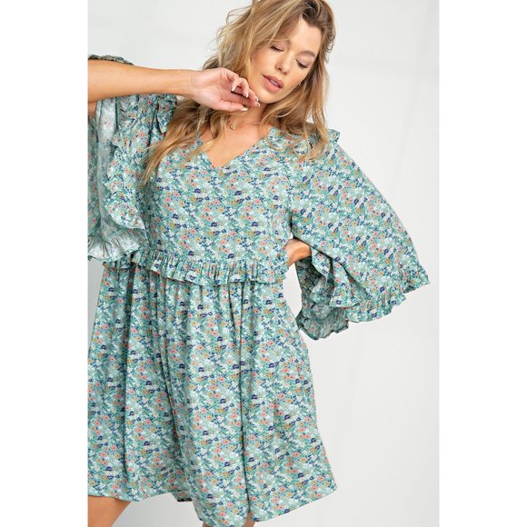 Easel Plus Size Sage Coral Floral Printed Challis Bell Sleeve Dress - Roulhac Fashion Boutique