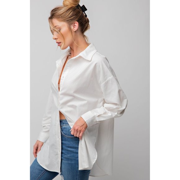 Easel Plus Size White Button Up Cotton Loose Fit Shirt - Roulhac Fashion Boutique