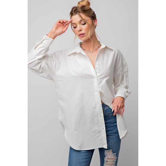 Easel Plus Size White Button Up Cotton Loose Fit Shirt - Roulhac Fashion Boutique