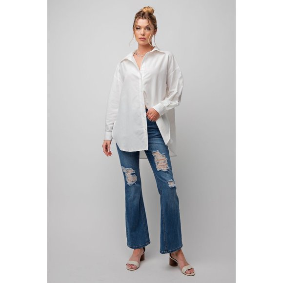 Easel Plus Size White Button Up Cotton Loose Fit Shirt - Roulhac Fashion Boutique