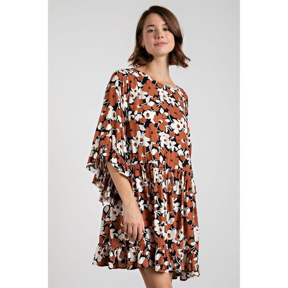 Easel Plus Size Coffee Floral Printed Challis Loose Fit Ruffled Dress - Roulhac Fashion Boutique