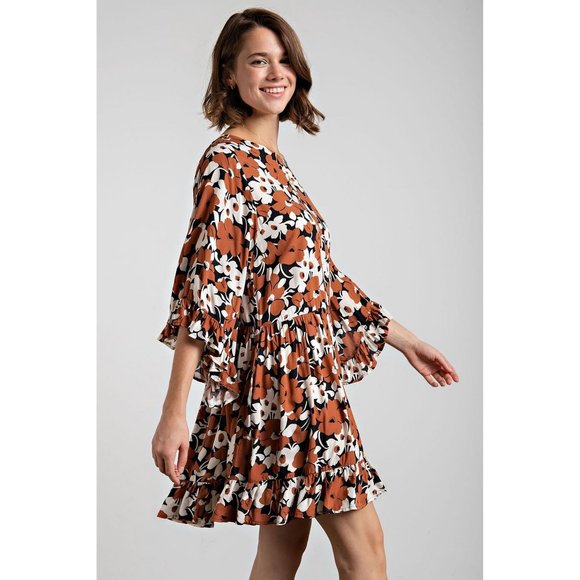 Easel Plus Size Coffee Floral Printed Challis Loose Fit Ruffled Dress - Roulhac Fashion Boutique