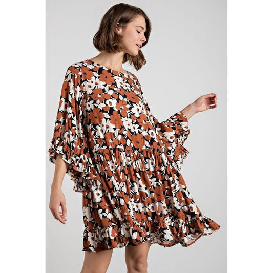 Easel Plus Size Coffee Floral Printed Challis Loose Fit Ruffled Dress - Roulhac Fashion Boutique