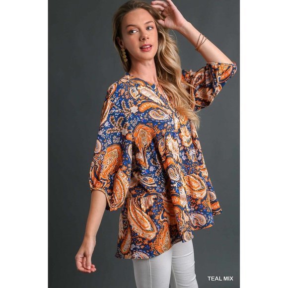 Umgee Teal Mix Paisley Tiered Babydoll Top - Roulhac Fashion Boutique