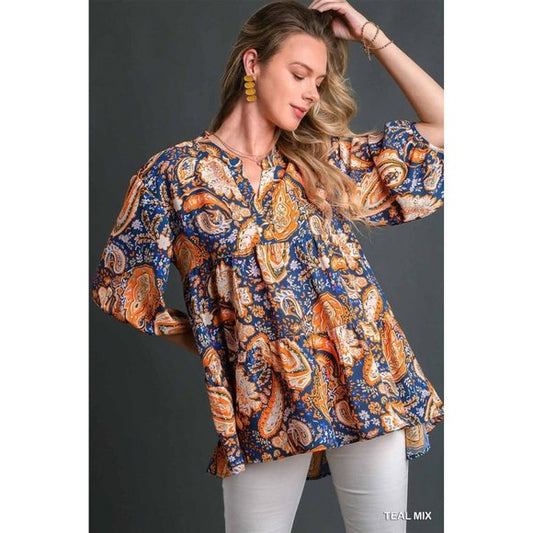 Umgee Teal Mix Paisley Tiered Babydoll Top - Roulhac Fashion Boutique