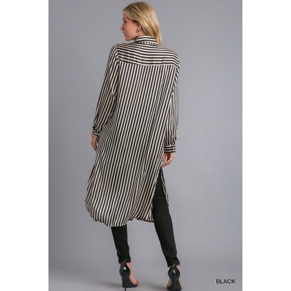 Umgee Black Striped Button Down Side Slit Midi Dress - Roulhac Fashion Boutique