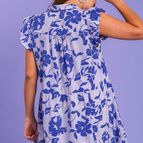 Umgee Plus Size Lavender Bold Floral Print Ruffled Sleeve Mini Dress - Roulhac Fashion Boutique