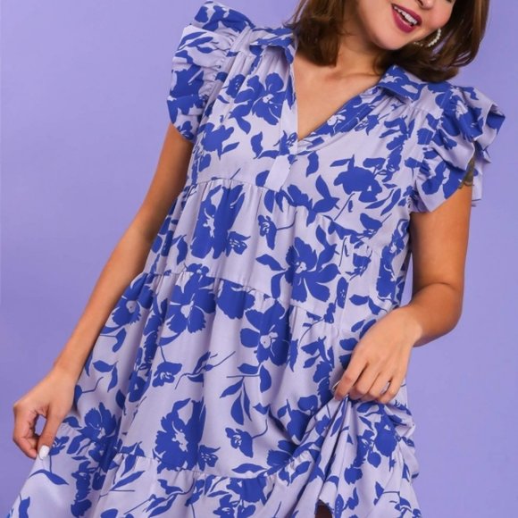Umgee Plus Size Lavender Bold Floral Print Ruffled Sleeve Mini Dress - Roulhac Fashion Boutique