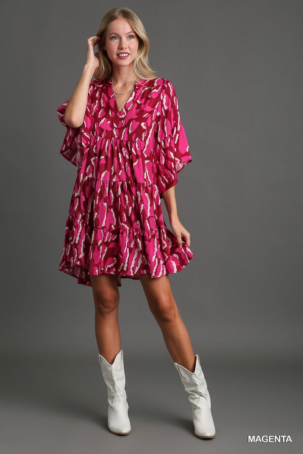 Umgee Magenta V-Notched Animal Print Tiered Dress - Roulhac Fashion Boutique