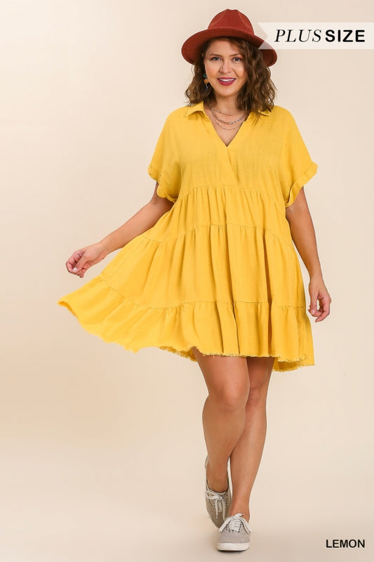 Umgee Plus Size Lemon Frayed Hem Tiered Dress - Roulhac Fashion Boutique