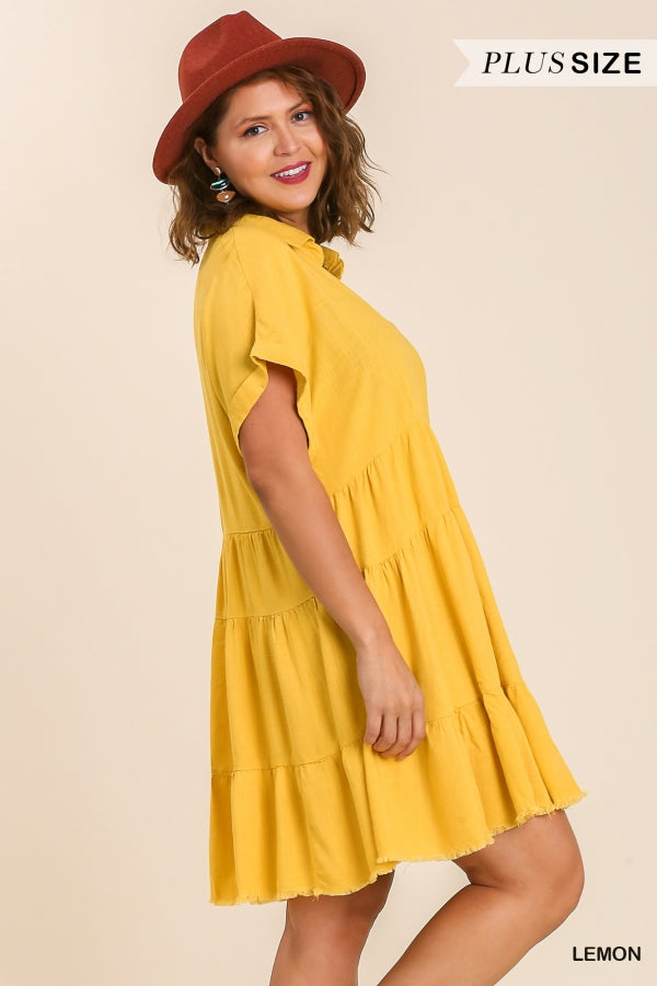 Umgee Plus Size Lemon Frayed Hem Tiered Dress - Roulhac Fashion Boutique