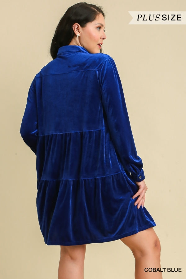Umgee Plus Size Cobalt Blue Velvet Tiered Dress - Roulhac Fashion Boutique