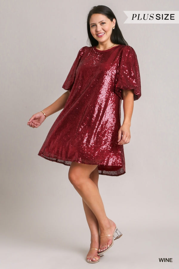 Umgee Plus Size Sequined Holiday Balloon Sleeve Dress - Roulhac Fashion Boutique