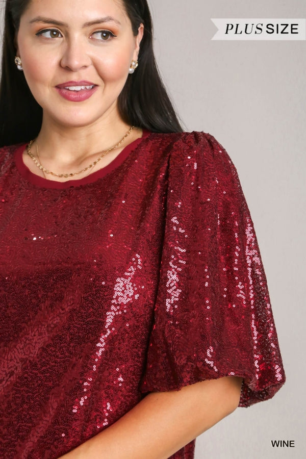 Umgee Plus Size Sequined Holiday Balloon Sleeve Dress - Roulhac Fashion Boutique