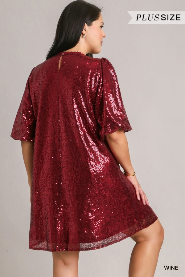 Umgee Plus Size Sequined Holiday Balloon Sleeve Dress - Roulhac Fashion Boutique