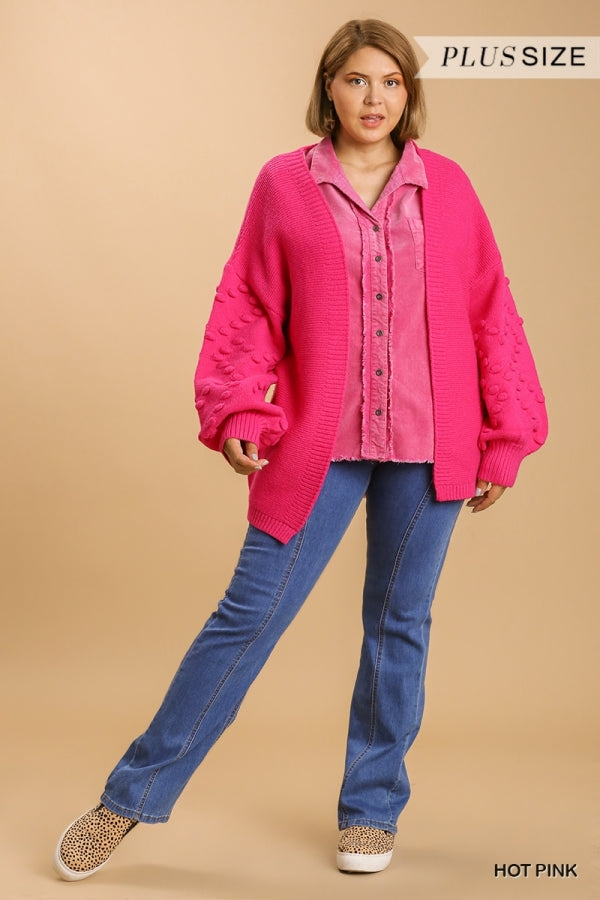 Umgee Plus Size Hot Pink Open Front Pom Pom Sweater - Roulhac Fashion Boutique