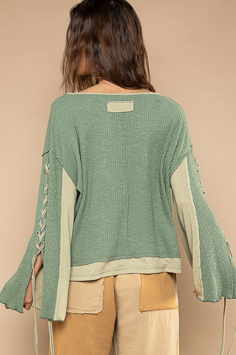 POL Pickle Green Notched Neck Lace-Up Sleeve Color Block Rib Knit Oversized Top - Roulhac Fashion Boutique