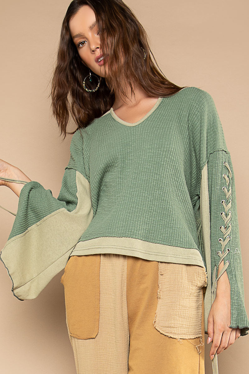 POL Pickle Green Notched Neck Lace-Up Sleeve Color Block Rib Knit Oversized Top - Roulhac Fashion Boutique