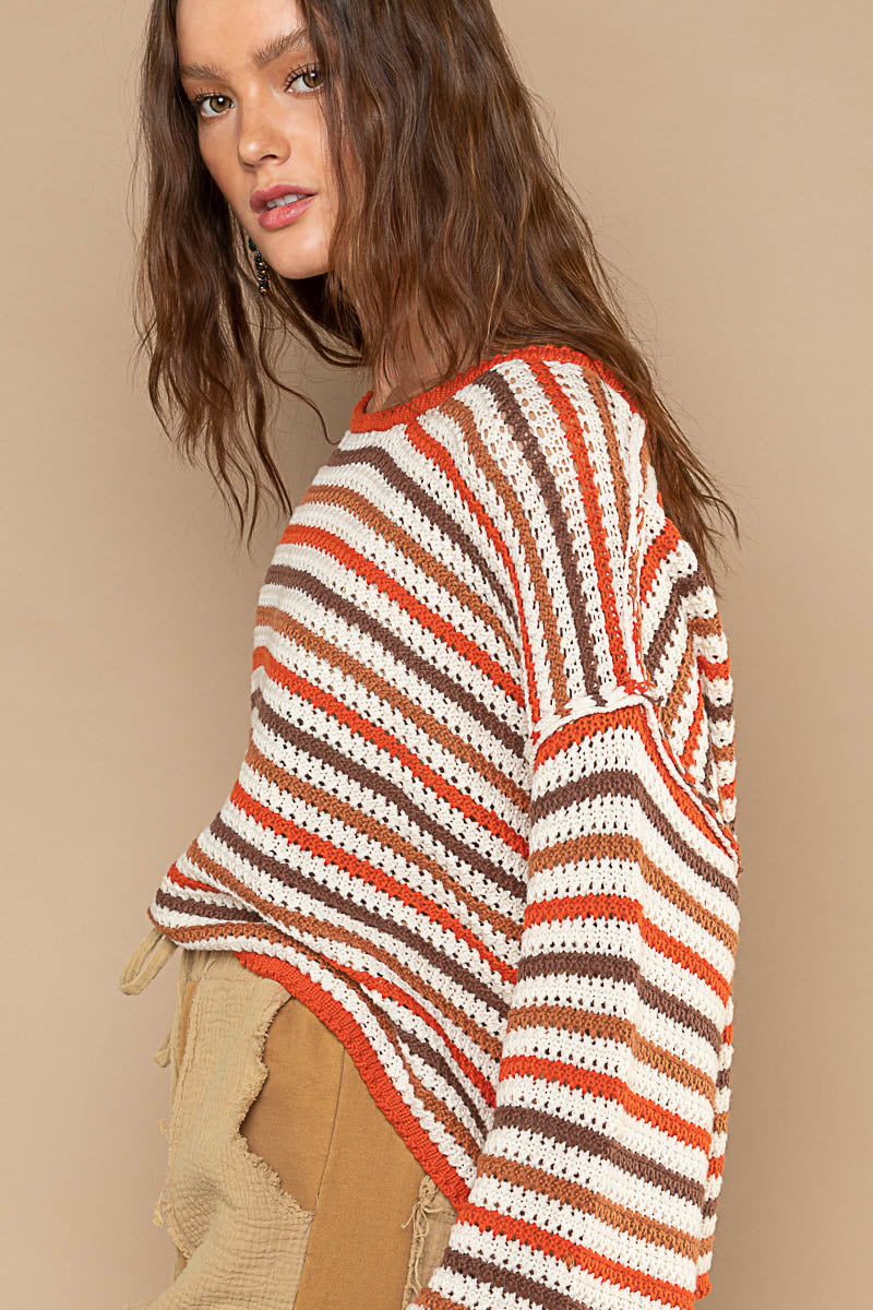 POL Brick Choco Multi Stripe Relaxed Pullover Sweater - Roulhac Fashion Boutique