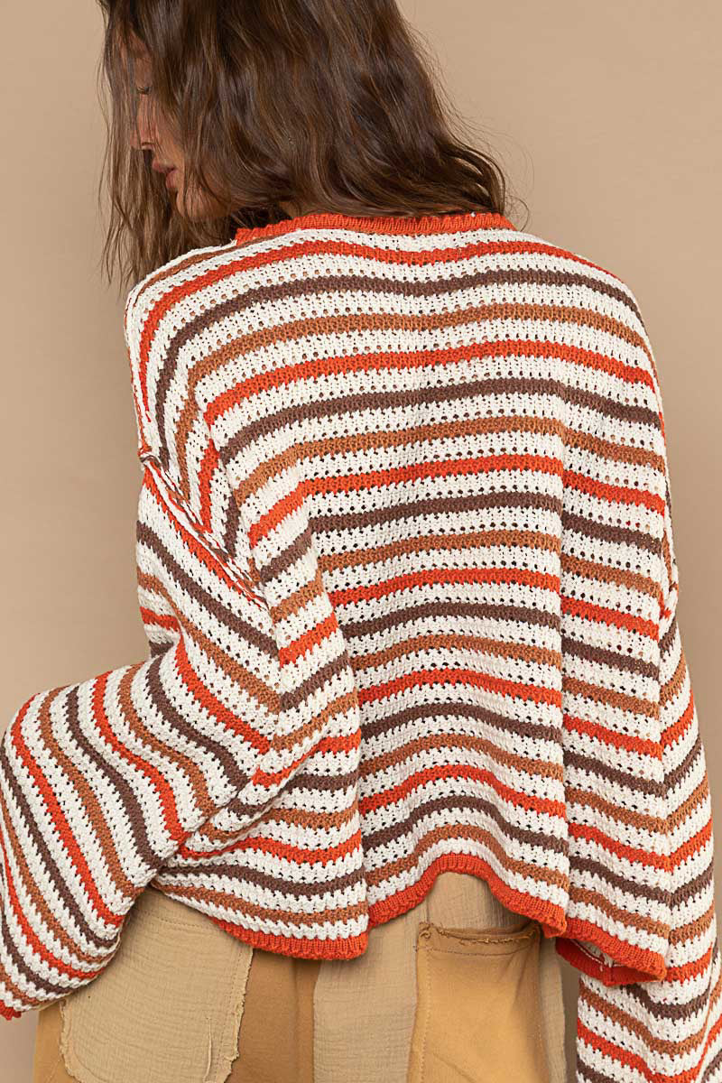 POL Brick Choco Multi Stripe Relaxed Pullover Sweater - Roulhac Fashion Boutique