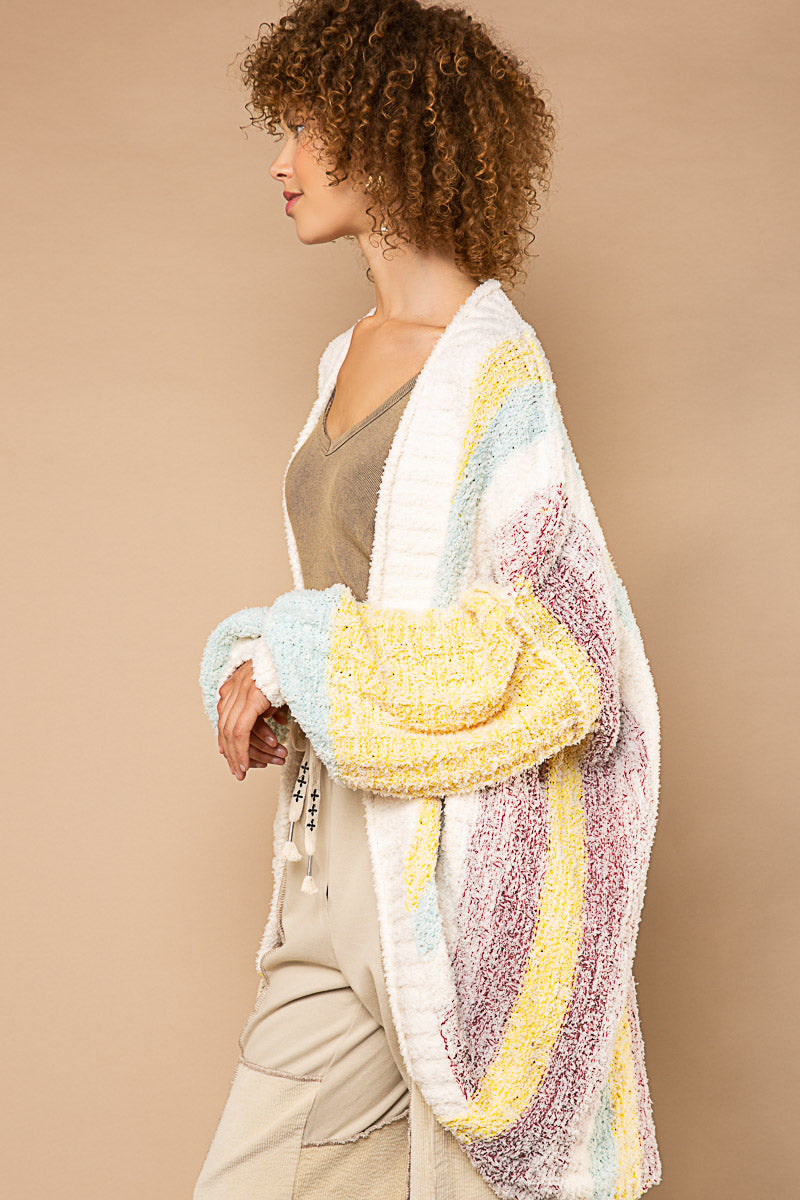 POL Ivory Lemon Color Block Round Open Berber Fleece Out Seam Cardigan Sweater - Roulhac Fashion Boutique