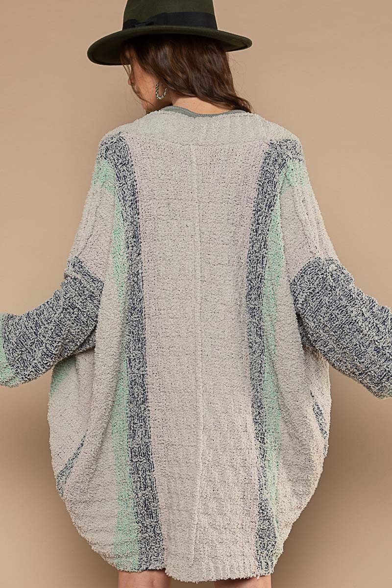 POL Taupe Navy Color Block Round Opening Berber Fleece Out Seam Cardigan Sweater - Roulhac Fashion Boutique