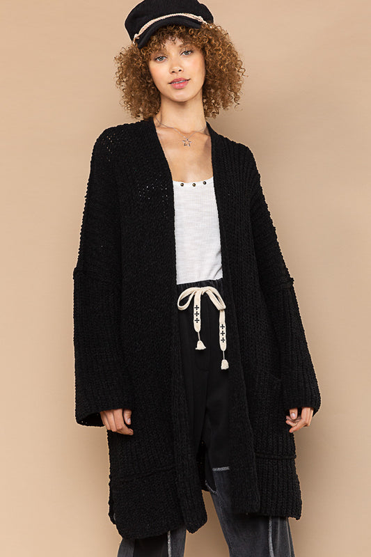 POL Black Dropped Shoulders Pockets Relaxed Fit Out Seam Cardigan Sweater - Roulhac Fashion Boutique