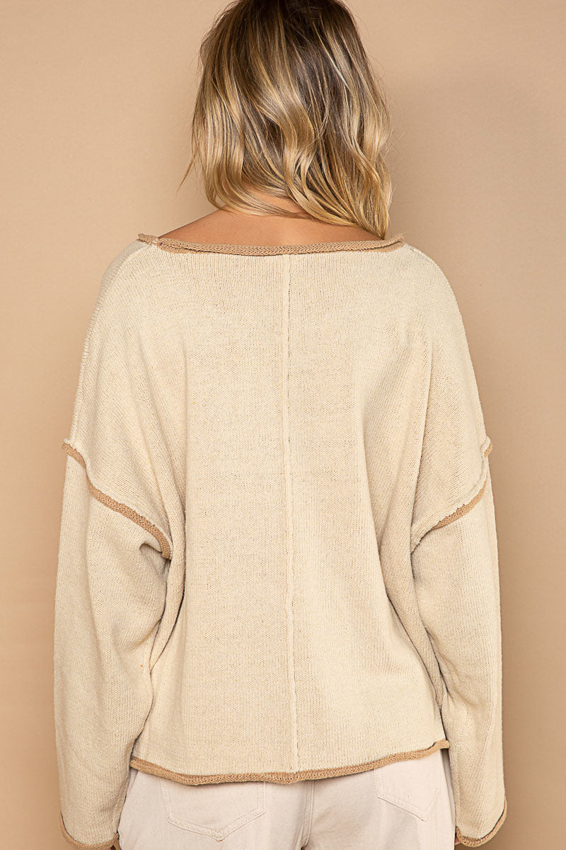 POL Almond Contrast Rolled Edge Out Seam Round Neck Pullover Sweater - Roulhac Fashion Boutique