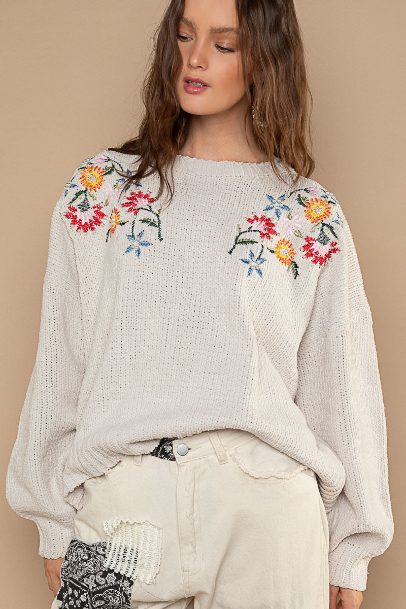 POL Ivory Pearl Studded Embroidered Floral Round Neck Relaxed Fit Sweater - Roulhac Fashion Boutique