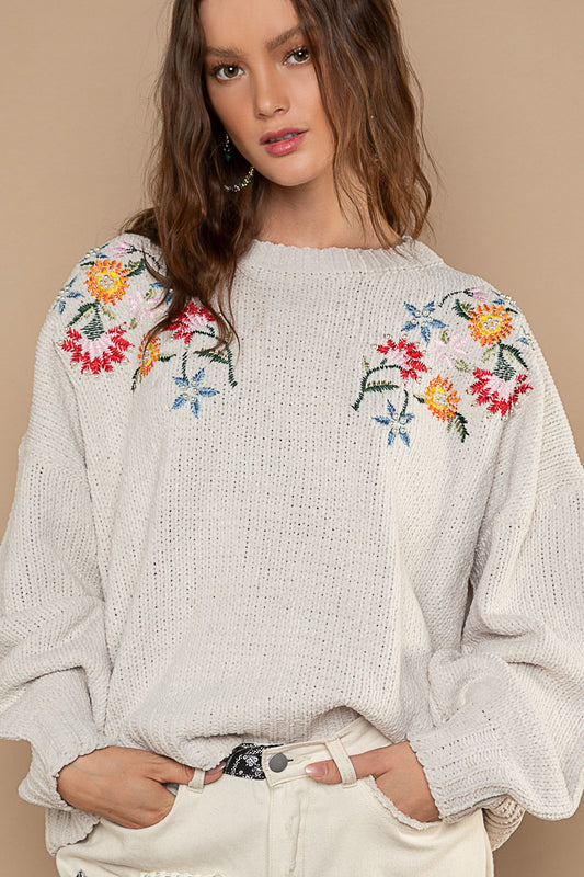 POL Ivory Pearl Studded Embroidered Floral Round Neck Relaxed Fit Sweater - Roulhac Fashion Boutique