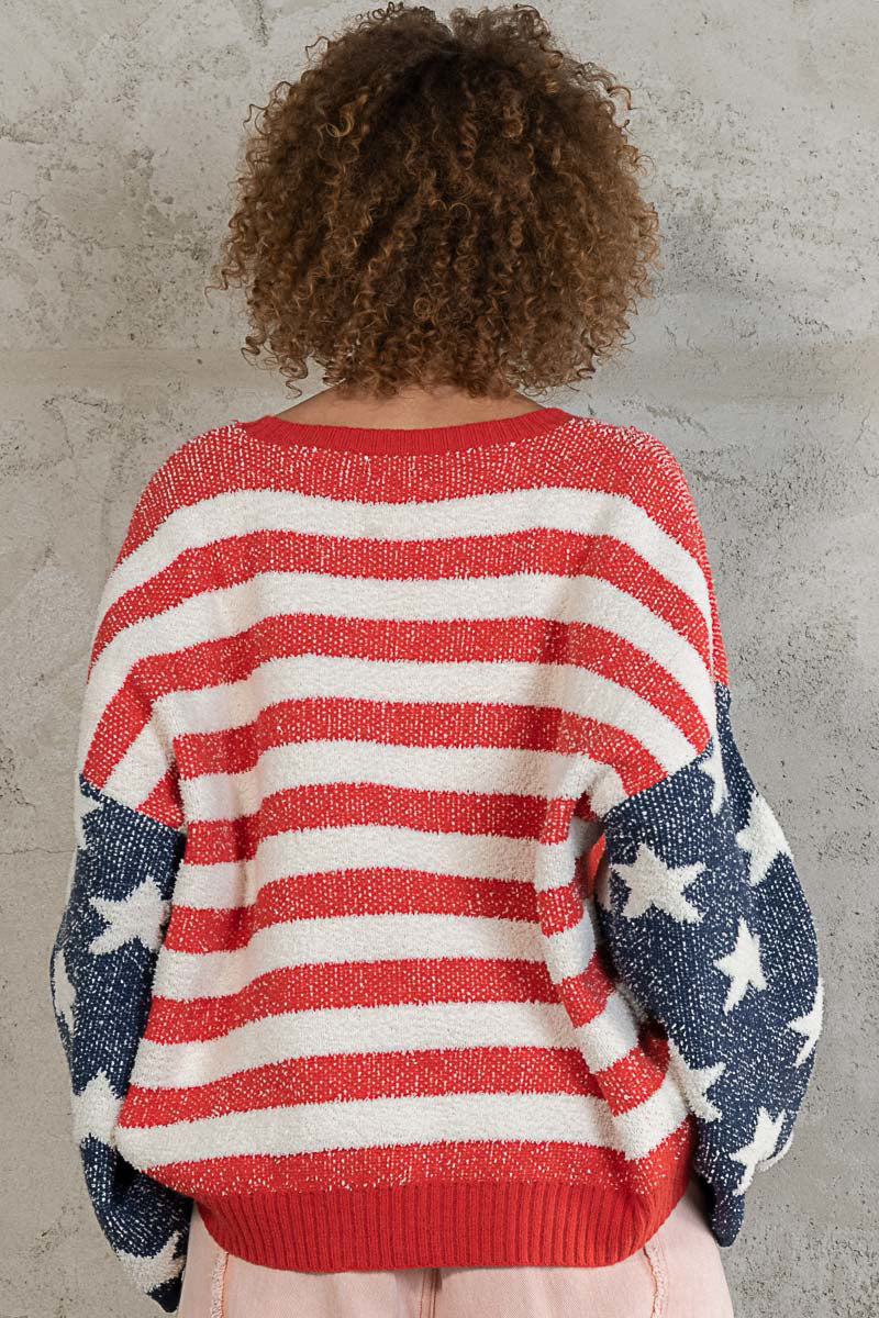POL Red Blue Round Neck Stars Stripe Pattern Fleece Relaxed Fit Pullover Sweater - Roulhac Fashion Boutique