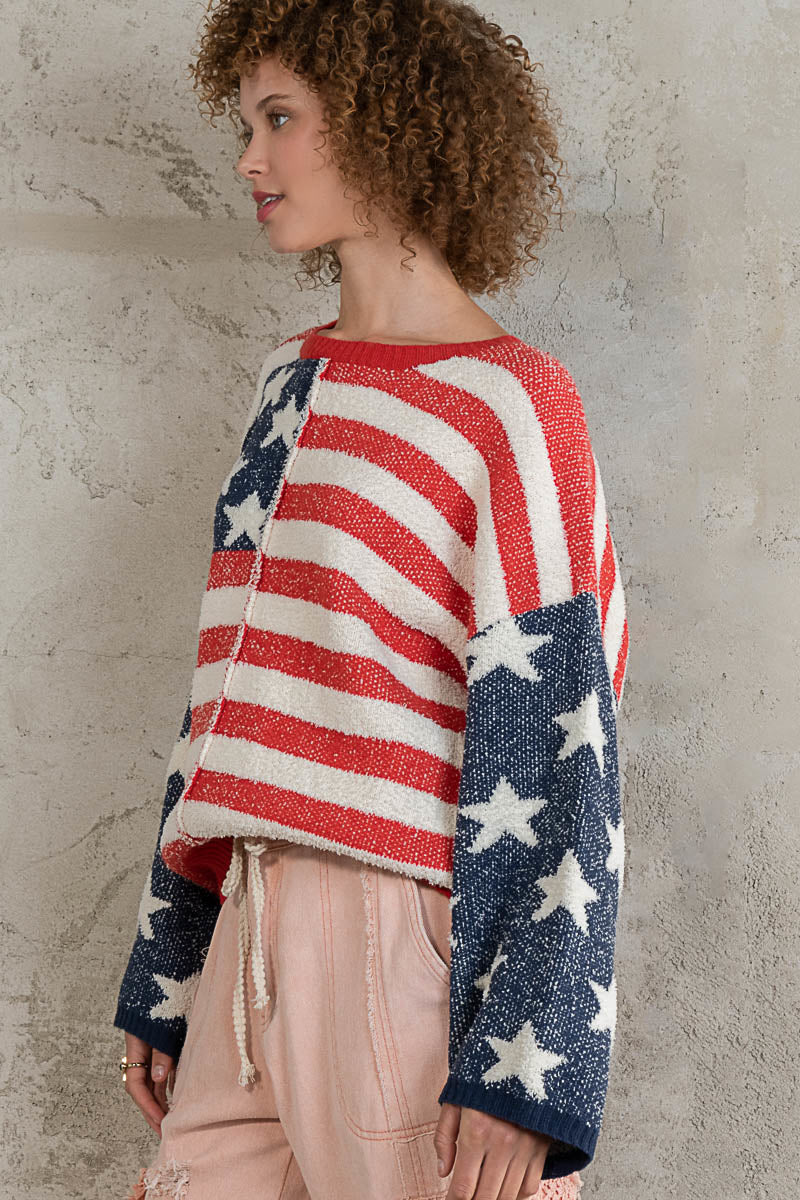 POL Red Blue Round Neck Stars Stripe Pattern Fleece Relaxed Fit Pullover Sweater - Roulhac Fashion Boutique